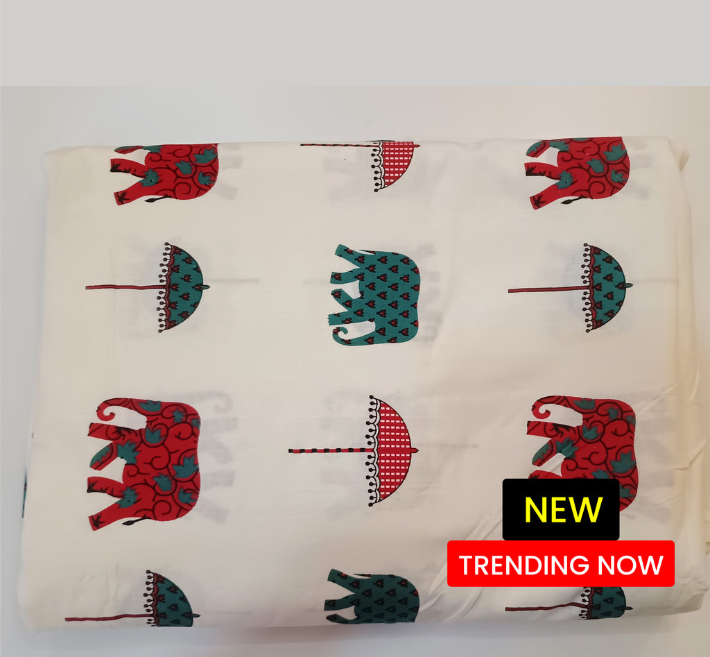 Pure Cotton Elephant Umbrella Print Fabric| 🎉 Onam Festival Special Offer: Flat ₹20 discount per meter