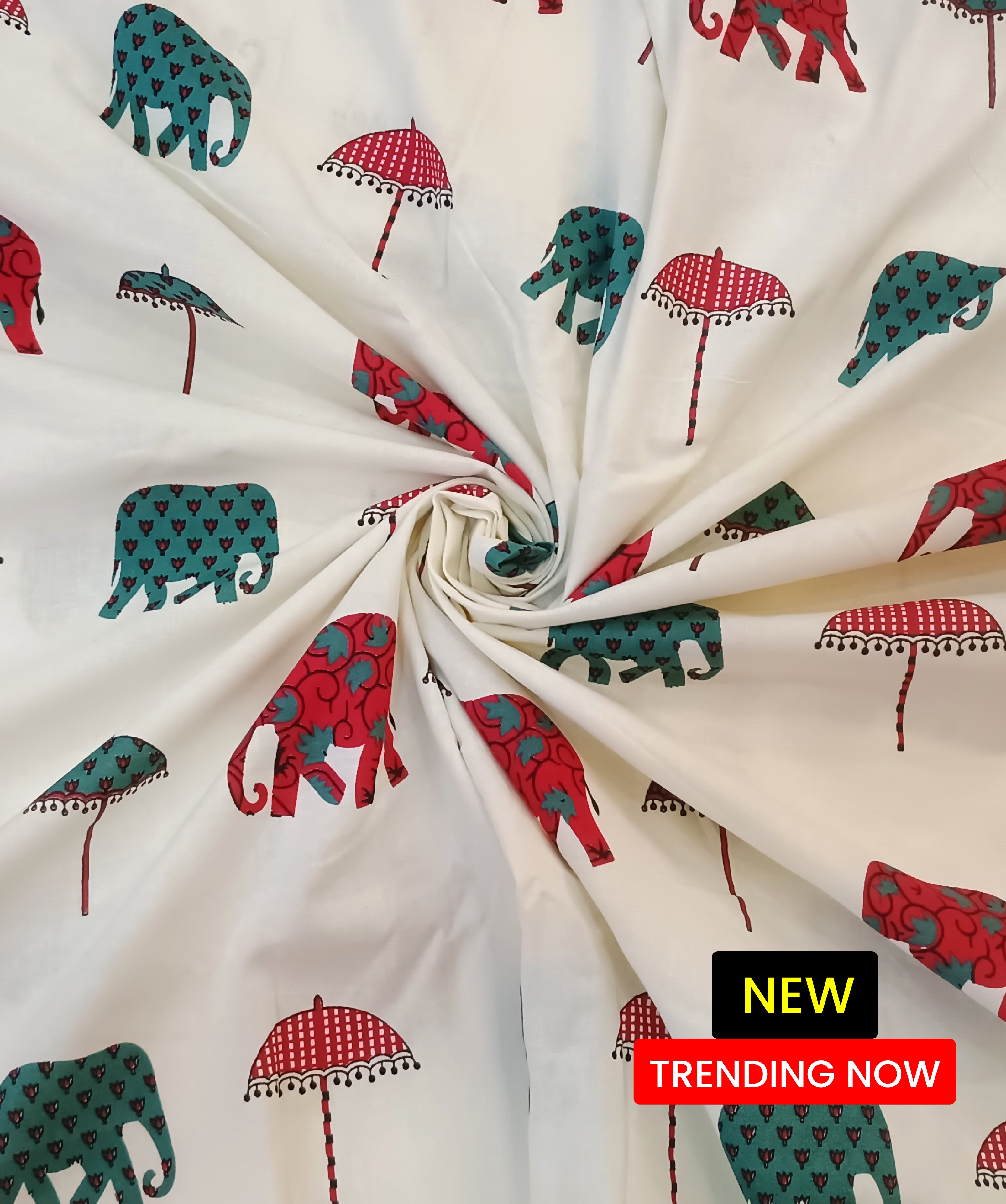 Pure Cotton Elephant Umbrella Print Fabric| 🎉 Onam Festival Special Offer: Flat ₹20 discount per meter