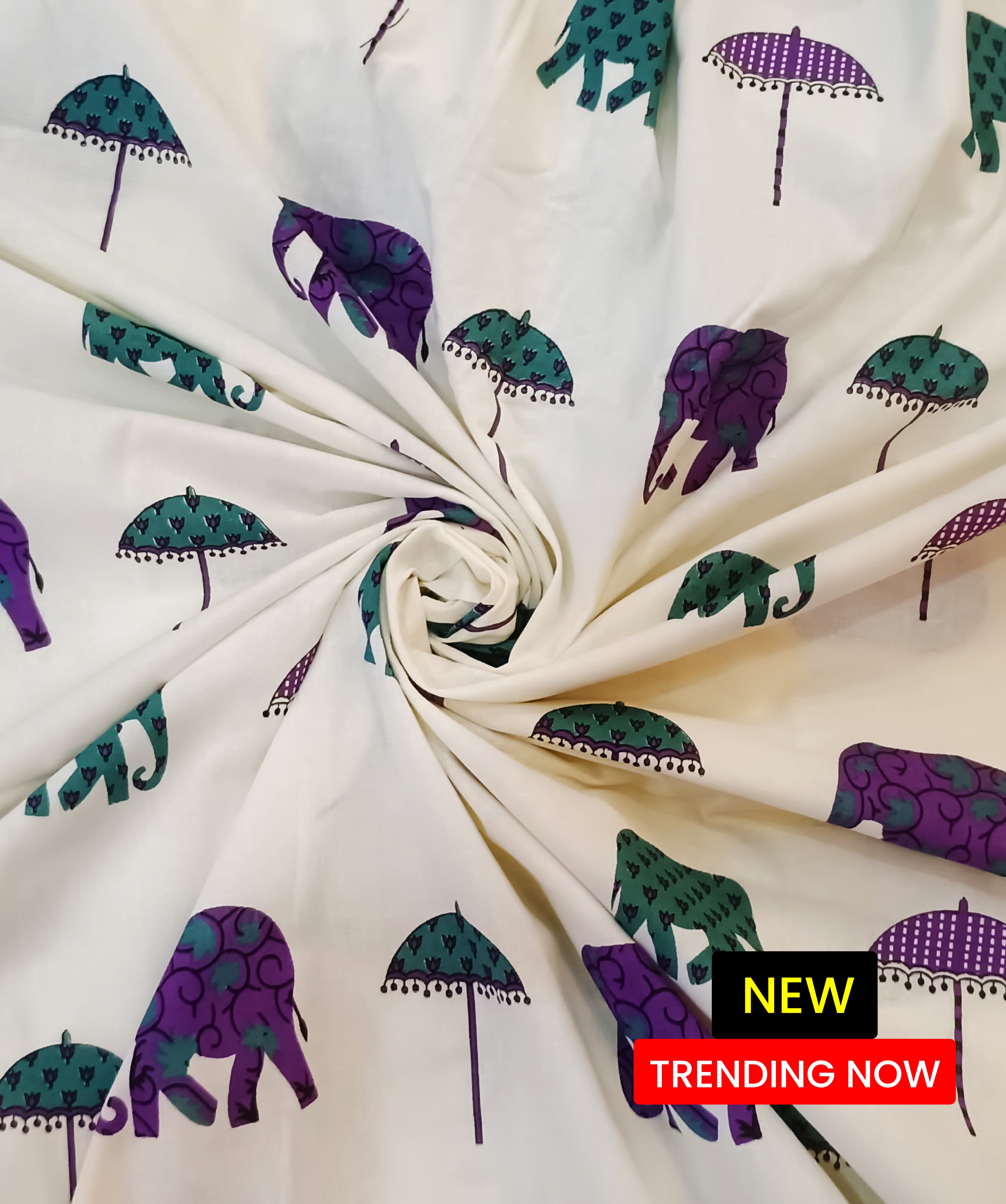Pure Cotton Elephant Umbrella Print Fabric| 🎉 Onam Festival Special Offer: Flat ₹20 discount per meter
